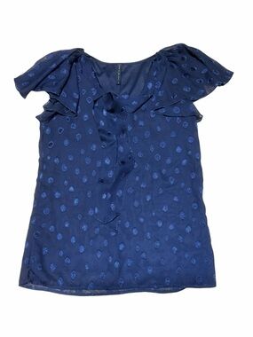 LUNA RAE Women's Navy Blue Polka Dot Ruffle-Sleeve Tie-Neck Blouse
